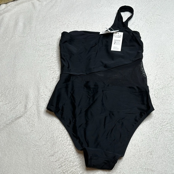 Black‎ on shoulder Small one piece swimsuit with sheer mesh mid section - Picture 3 of 4